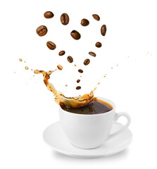 Cup with saucer with splash of coffee. Levitating coffee beans in shape of heart. Drink love...