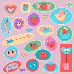 Fototapeta na wymiar Set of various patches pins stamps or stickers set of vector love icon sticker funny cute comic