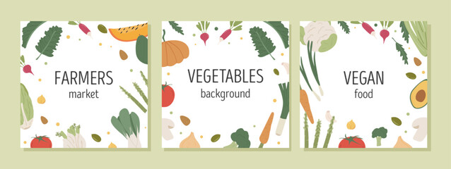 Organic vegetables background with circle border of fresh farm veggies. Square card design with healthy vegan vegetarian food for farmer market. Flat vector illustration of autumn and summer harvest.