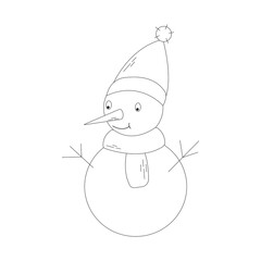 Doodle monochrome cute snowman with a scarf and a hat. Christmas flat design. Vector illustration.