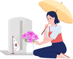 Sad woman on soldier grave semi flat color raster character. Posing figure. Full body person on white. Korean Memorial day simple cartoon style illustration for web graphic design and animation