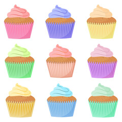 nine colored cupcakes with cream