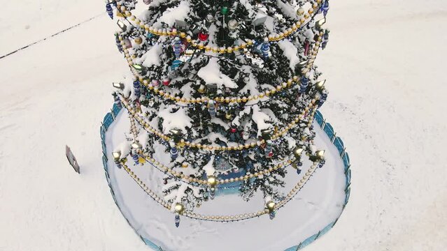 Christmas tree in the city square with beautiful toys and garlands, aerial view. New Year's, green spruce fabulously decorated and covered with snow. City of Vladimir, Cathedral Square, Russia. UHD 4K