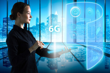 Business, technology, internet and network concept. Young businessman thinks over the steps for successful growth: 6G