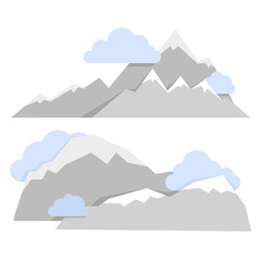 Set of different compositions of gray mountains with blue clouds