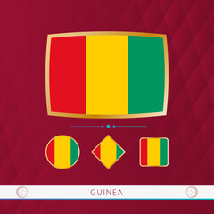 Fototapeta premium Set of Guinea flags with gold frame for use at sporting events on a burgundy abstract background.