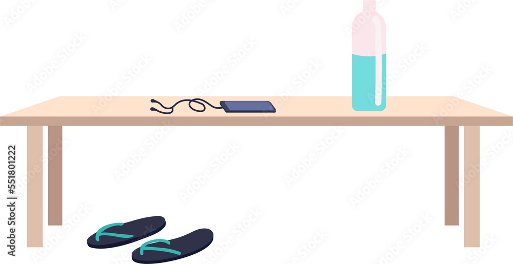 Poster bench with sandals and sporting goods semi flat color raster object. public swimming pool. full size