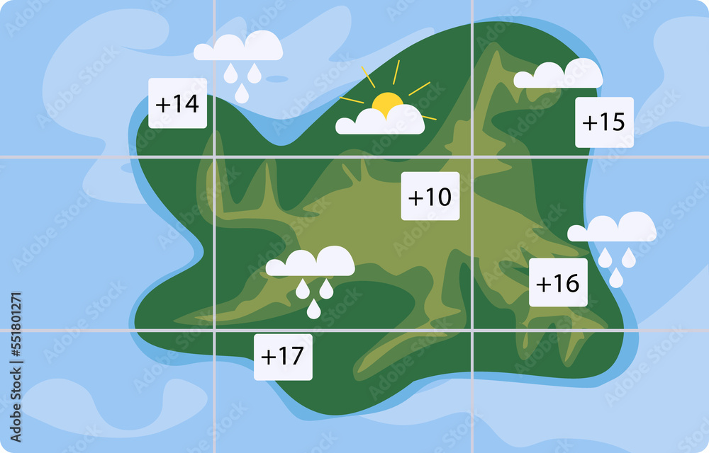 Poster weather forecast map semi flat color raster object. full sized item on white. television channel. da