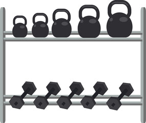 Naklejka na ściany i meble Shelves with dumbbells and kettlebells semi flat color raster object. Gym equipment. Sporting goods. Full sized item on white. Simple cartoon style illustration for web graphic design and animation