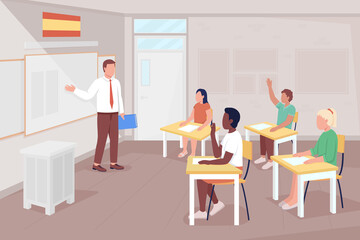 Spanish language lesson flat color raster illustration. Language learners. Male teacher and excited pupils 2D simple cartoon characters with classroom on background
