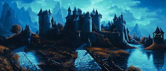 Fototapeta na wymiar Fantasy castle on the beautiful landscape at night.