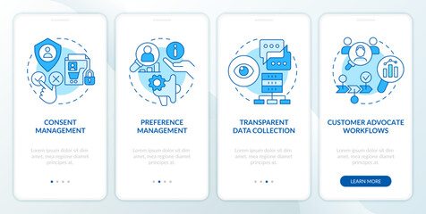 CIAM aspects blue onboarding mobile app screen. Customer regulation walkthrough 4 steps editable graphic instructions with linear concepts. UI, UX, GUI template. Myriad Pro-Bold, Regular fonts used