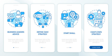 Start with CIAM blue onboarding mobile app screen. Optimize business walkthrough 4 steps editable graphic instructions with linear concepts. UI, UX, GUI template. Myriad Pro-Bold, Regular fonts used