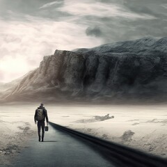 Person walking alone on a deserted road.