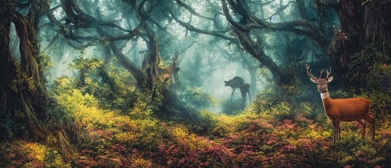 Fototapeta na wymiar Beautiful Deer in the dark forest. 
