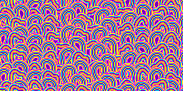 Colorful pink purple psychedelic swirl seamless pattern with hallucination swirls. Vector illustration. Trippy 70s textile background. Groovy design