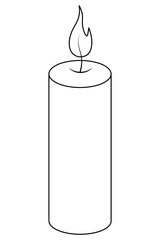 Candle. Sketch. Burning figurative flame. Bright light in the dark. Attribute for prayer. Vector illustration. Coloring book for children. Doodle style. Outline on isolated background. 