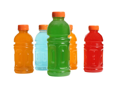 Bottles of Colorful Sports Drinks on White Background