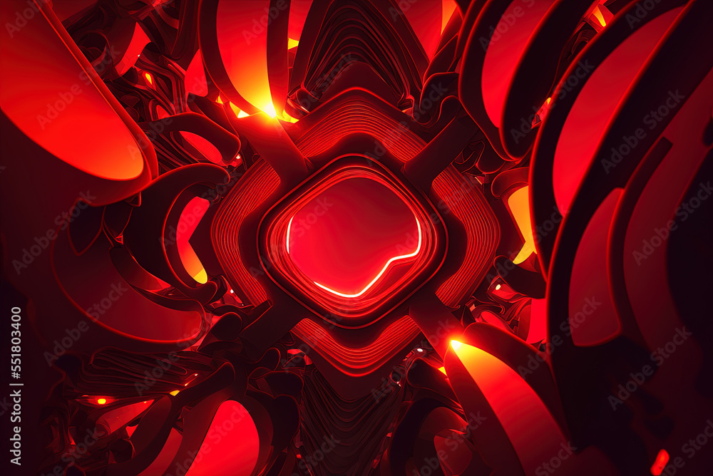 Poster a red abstract backdrop illuminated with neon led lights. generative ai