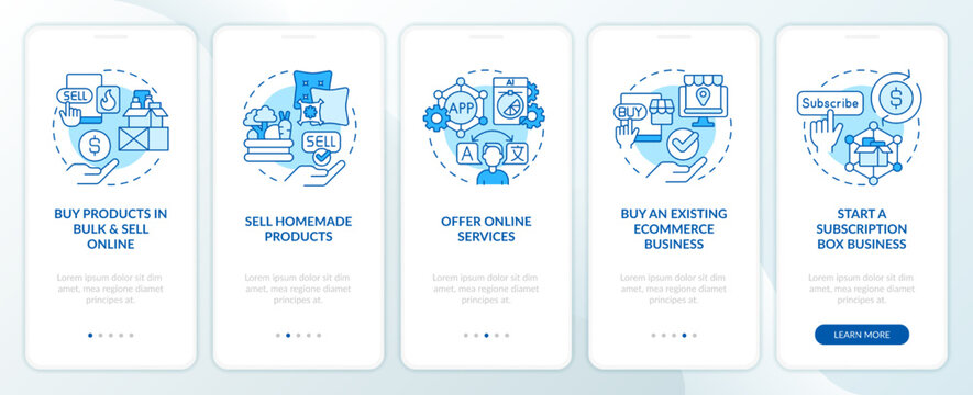 Successful home business ideas blue onboarding mobile app screen. Walkthrough 5 steps editable graphic instructions with linear concepts. UI, UX, GUI template. Myriad Pro-Bold, Regular fonts used