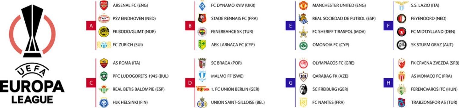 2022&ndash;2023 UEFA Europa League. Arsenal, Eindhoven, Zurich, Dynamo, Rennais, Fenerbahce, Braga, Malmo, Omonoia, Lazio, Feyenoord, Midtjylland, Sturm Graz, Nantes, Monaco, Ferencvaros, Trabzonspor etc.