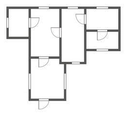 Apartment architectural plan. Black and white isolated condominium or house. Floor plan, interior design kitchen, bedrooms, living room, dining room and bathroom. Apartment without furniture top view