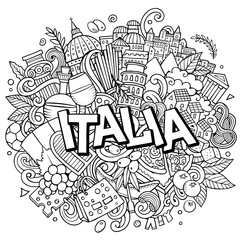 Italia hand drawn cartoon doodles illustration. Funny travel design.