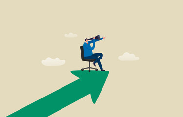 Business opportunity or Career growth. Businessman looking through telescope on growth arrow. illustration