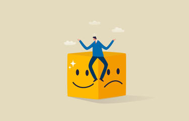 Mental health and emotional state. Smile face  and sad face. .Businessman balancing a smile and a sad face. Illustration
