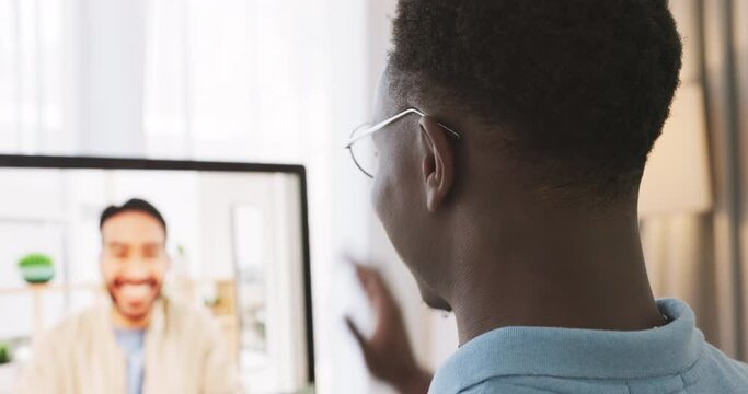 Video call, wave and black man on computer in home, online meeting or video conference. Hello, greeting and male freelancer or remote worker in webinar, interview video chat or workshop in house.