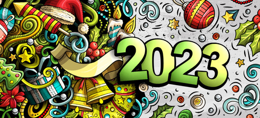 2023 doodles horizontal illustration. New Year objects and elements banner