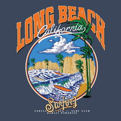 Summer Graphics print for Long Beach California surfing, A collection of vintage, modern, hand drawn and clean vector surf designs. Summer vibes tropical graphic print design for t shirt, poster.