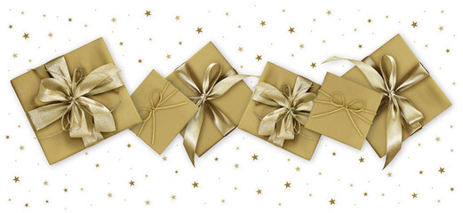golden gift boxes with bright golden ribbon bow isolated on transparent background with golden...