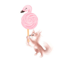 Cute clipart hand drawn illustration.  Chihuahua puppy flying on pink meringue cookie flamingo shape. T shirt design. Logo for bakery
