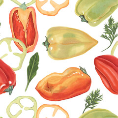 Seamless pattern of peppers of different colors. Background of whole peppers, slices, arugula and dill. Hand-drawn. Marker Art	
