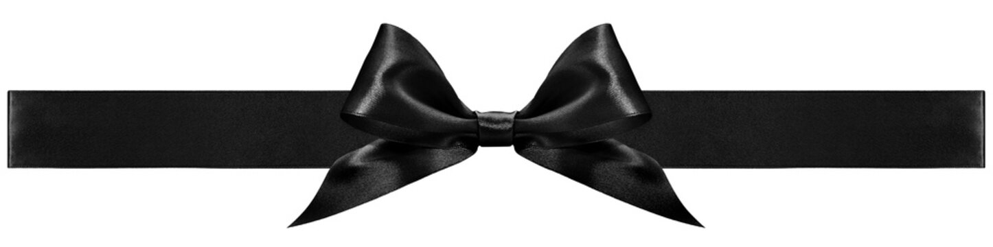 Black bright ribbon bow tape isolated on transparent background, top view, copy space for gift greeting card, Merry Christmas and Black friday  banner or promotion shopping advertising