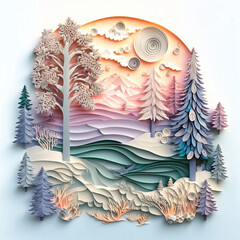 Wonderful paper art with spruce, snow, deer. Paper cut art with pastel color. Created with generative AI technology