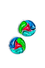 Capsules with detergent for washing machine isolated on white background. Laundry pods