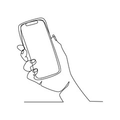 Vector illustration of a hand holding a phone drawn in line art style