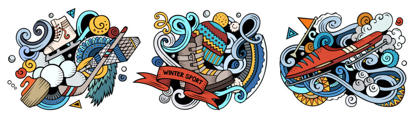 Winter sports cartoon vector doodle designs set.