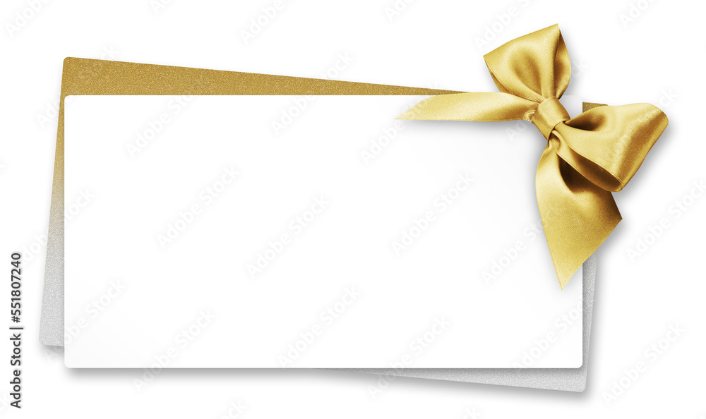 Wall mural white blank gift greeting card ticket with bright golden ribbon bow, isolated on background, templat