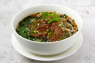Freshly cooked Thai food called Beef Noodle soup