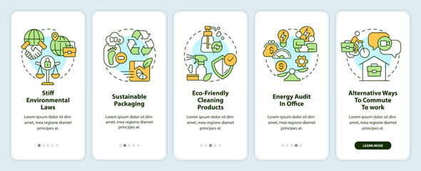 Eco-minded business traits onboarding mobile app screen. Environmental walkthrough 5 steps editable graphic instructions with linear concepts. UI, UX, GUI template. Myriad Pro-Bold, Regular fonts used