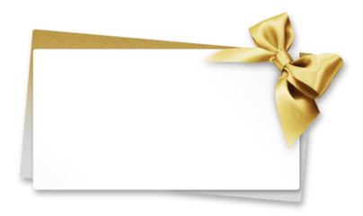 White Blank gift greeting card ticket with bright golden ribbon bow, isolated on background, template top view with copy space for merry Christmas and mother day banner or shopping price label