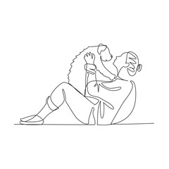 Vector illustration of a girl with a dog drawn in the style of line art