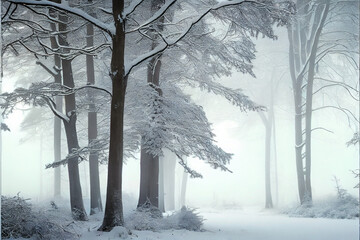 Winter woodland with snow covered trees in a pale fog. Created with generative AI technology