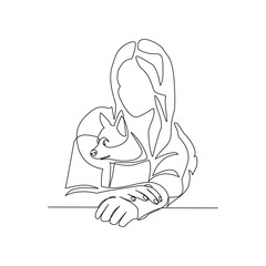 Vector illustration of a girl with a dog drawn in the style of line art