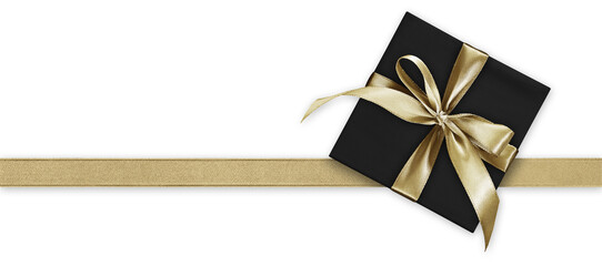 black gift box present and bright shiny golden ribbon bow tape isolated on background, top view...