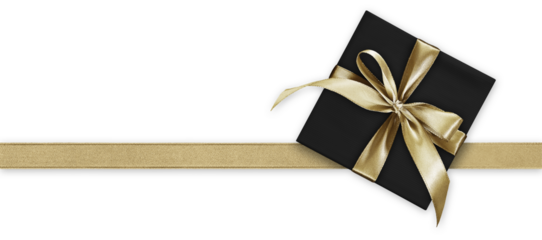 black gift box present and bright shiny golden ribbon bow tape isolated on background, top view blank gift greeting card with copy space for merry Christmas template or father and mother day banner
