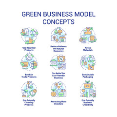 Green business model concept icons set. Eco-friendly manufacturing idea. Sustainable company thin line color illustrations. Isolated symbols. Editable stroke. Roboto-Medium, Myriad Pro-Bold fonts used